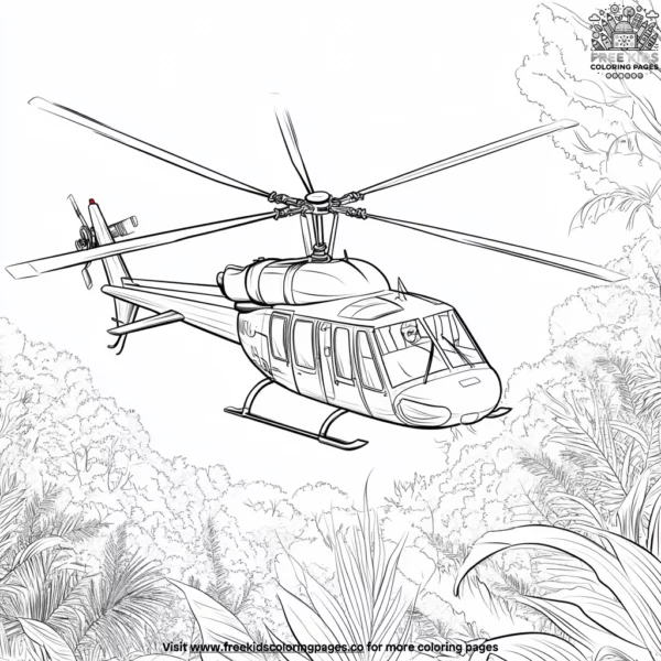 Helicopter flying over a forest coloring pages