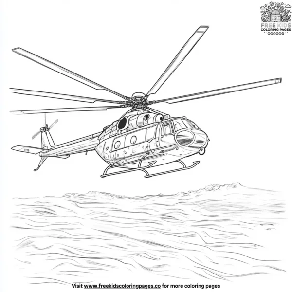 Helicopter hovering above water coloring pages