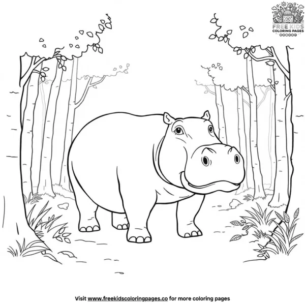 Hippo in a forest coloring pages