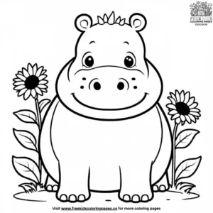 Hippo with Sunflower Coloring Pages