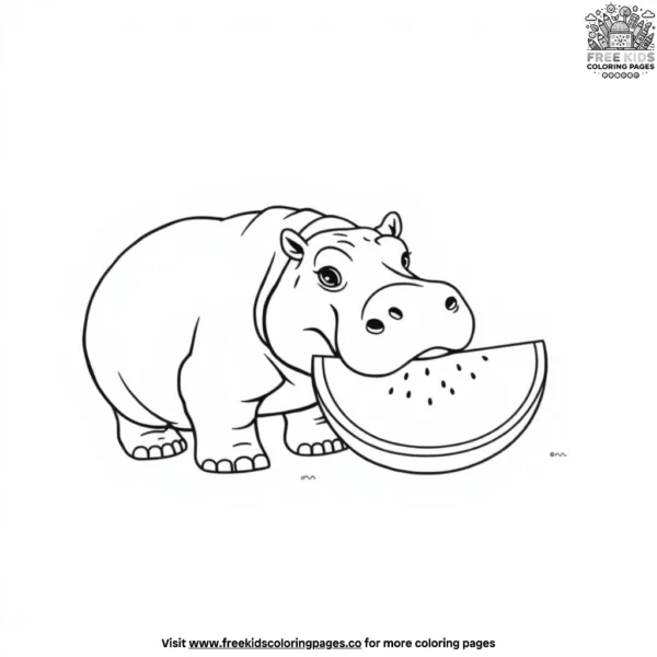 Hippo with watermelon coloring pages