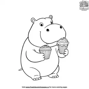 Hippo with a Cupcake Coloring Pages