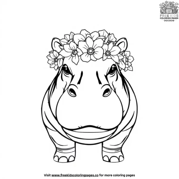 Hippo with a flower crown coloring pages