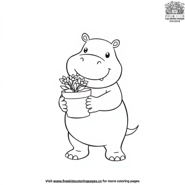 Hippo with a flower pot coloring pages