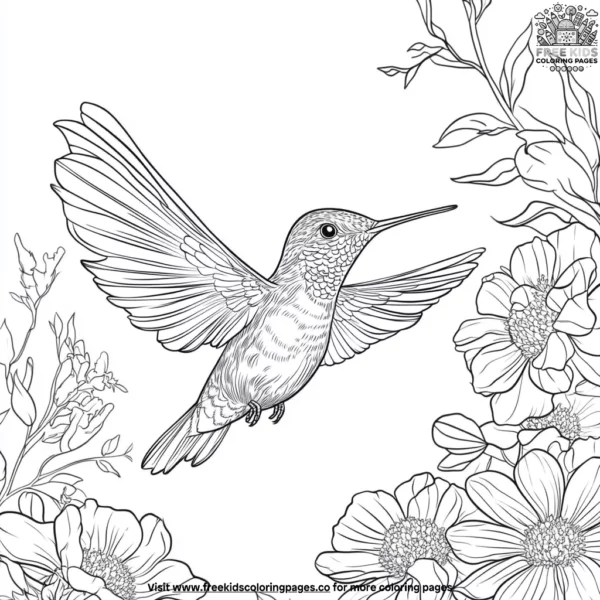 Hummingbird around petals coloring pages