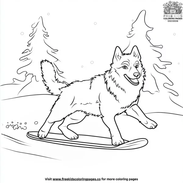 Husky and a snowboard coloring pages