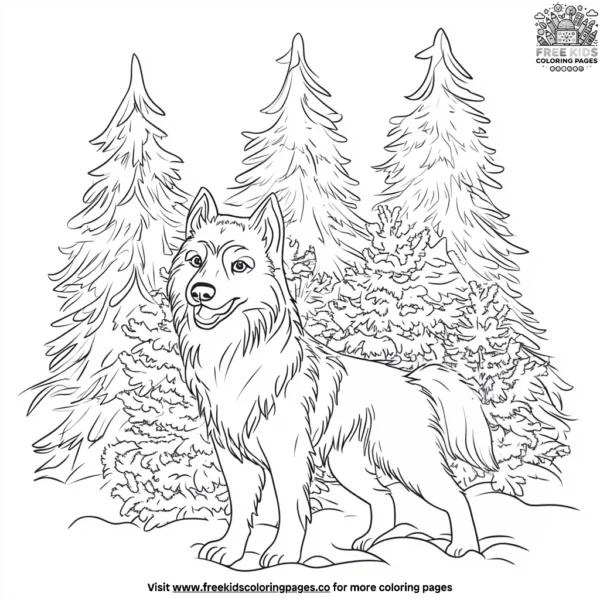 Husky in a christmas tree forest coloring pages