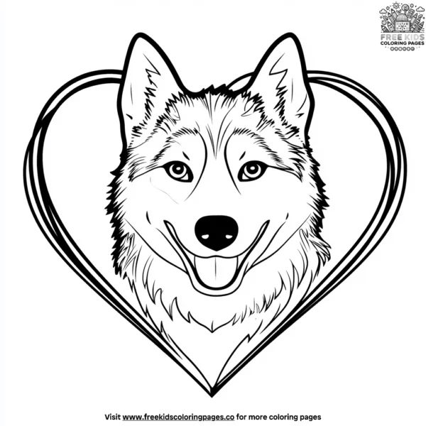 Husky in a heart shaped frame coloring pages