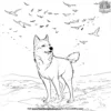 Husky in a Snowy Field with Birds Coloring Pages