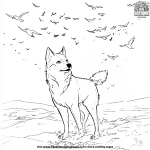 Husky in a snowy field with birds coloring pages