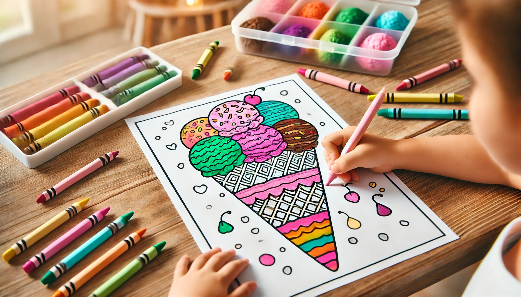 DALL·E 2024-10-21 18.18.22 - A high-definition cozy scene featuring a child coloring an ice cream-themed coloring page, showing only the child’s hands and side angle as they hold Ice cream coloring pages tag image