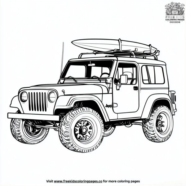 Jeep with surfboard on roof coloring pages