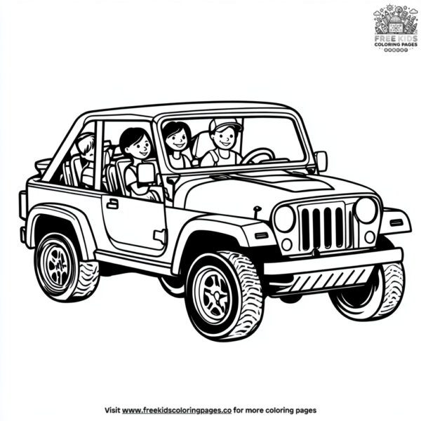 Jeep with a family on a trip coloring pages