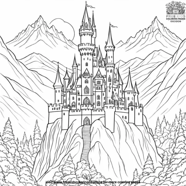 Misty mountains with a gothic castle coloring pages