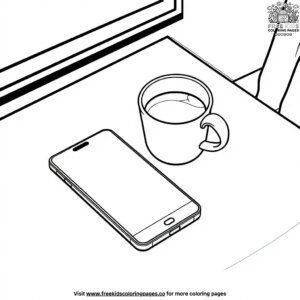 Mobile phone on a table with a coffee cup coloring pages