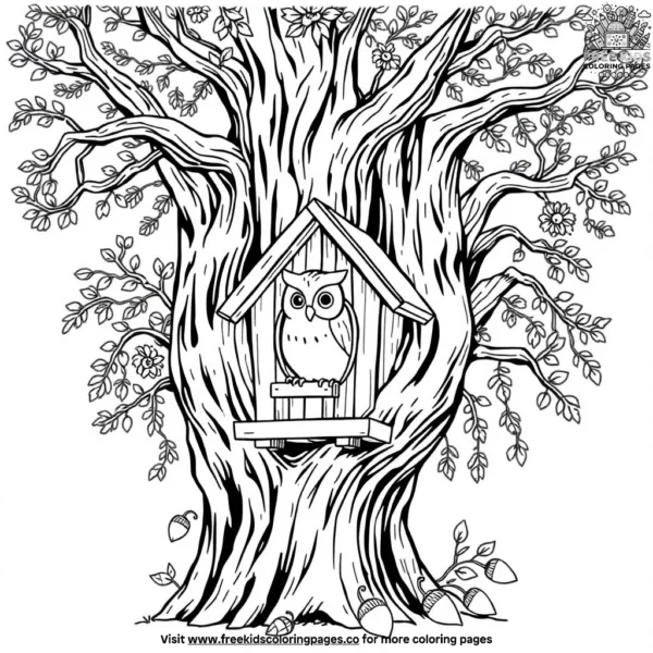 Owl house with acorns coloring pages