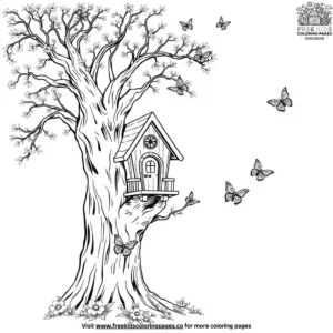 Owl house with butterflies coloring pages