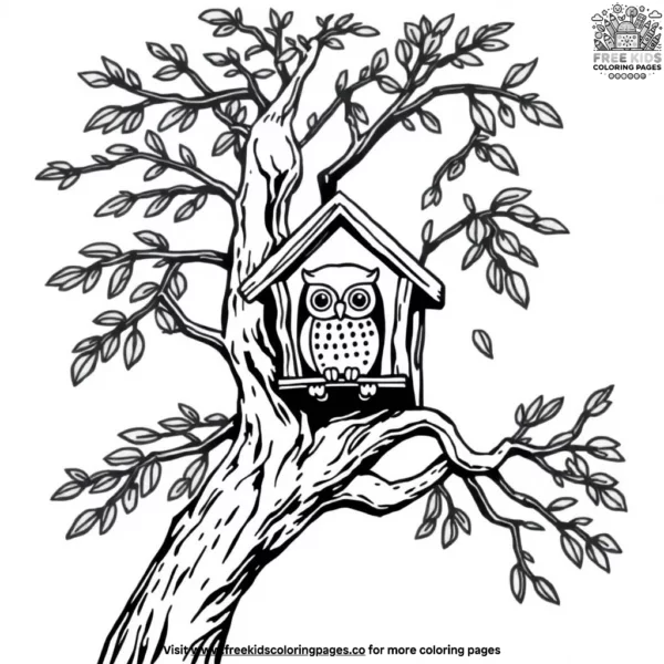 Owl house with a branch coloring pages