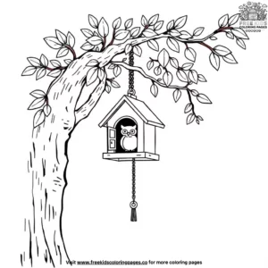 Owl house with a hanging chain coloring pages