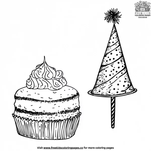 Party hat and cake fun coloring pages