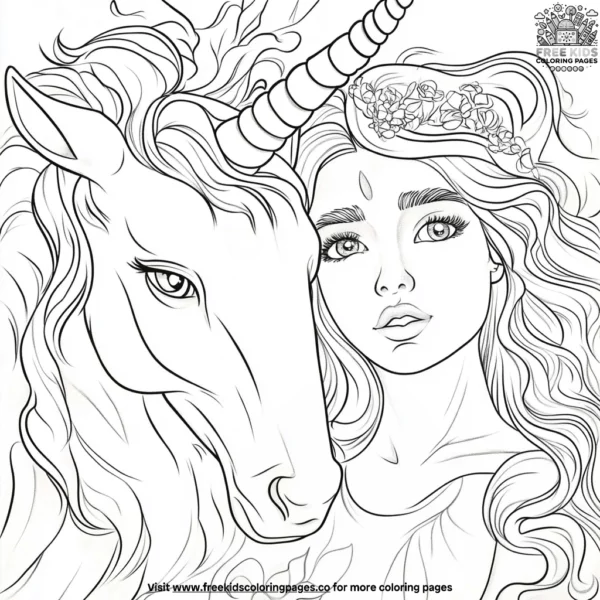 Princess and her unicorn coloring pages