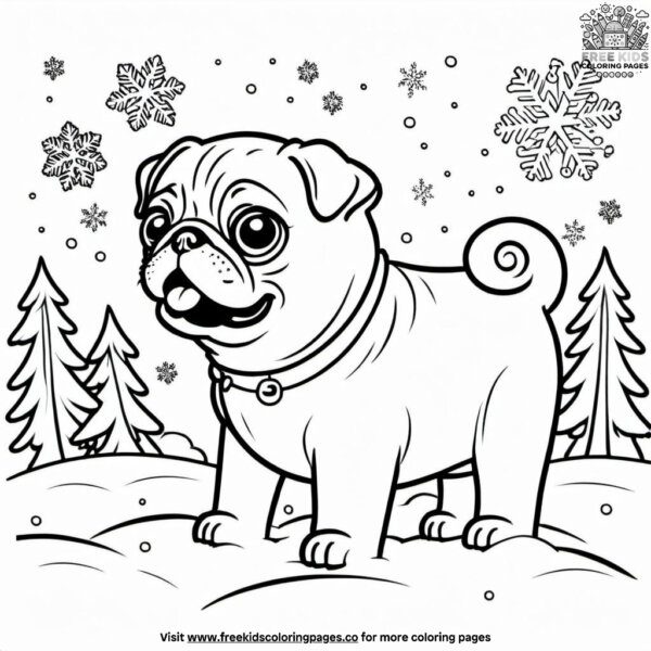 Pug playing in the snow coloring pages