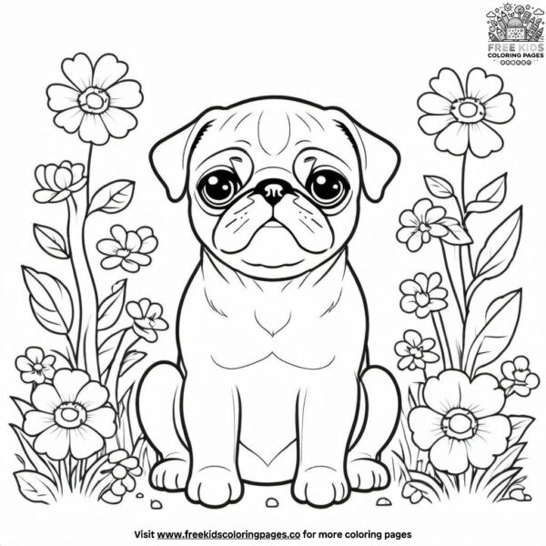 Pug in a garden coloring pages