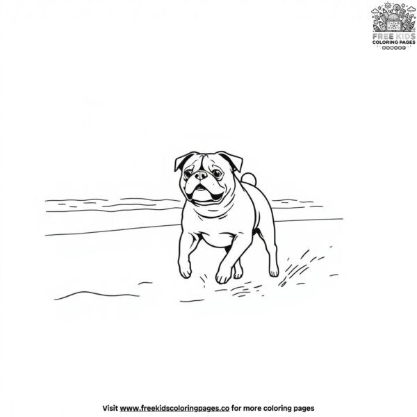 Pug on a beach coloring pages