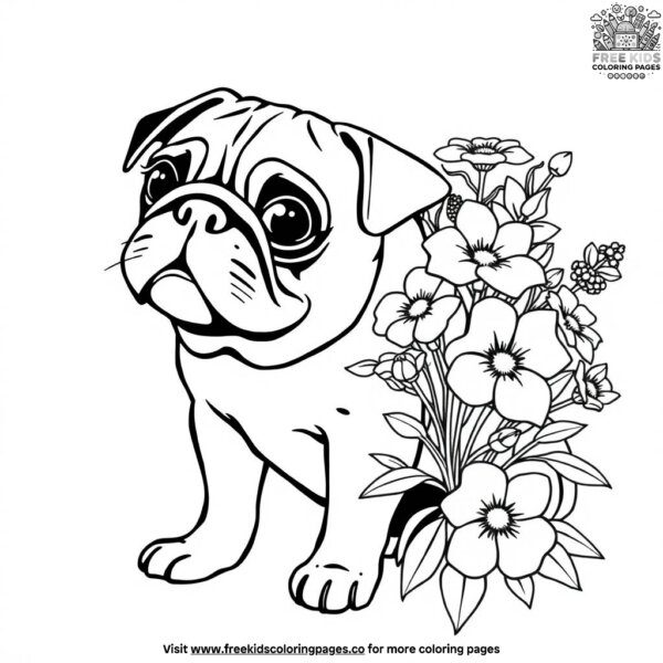 Pug with a bunch of flowers coloring pages