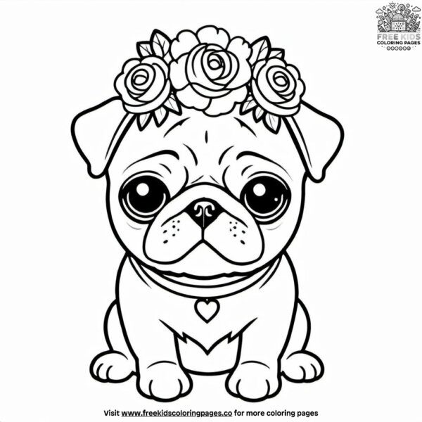 Pug with a flower crown coloring pages