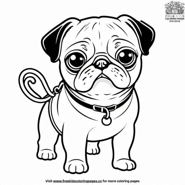 Pug with a leash coloring pages