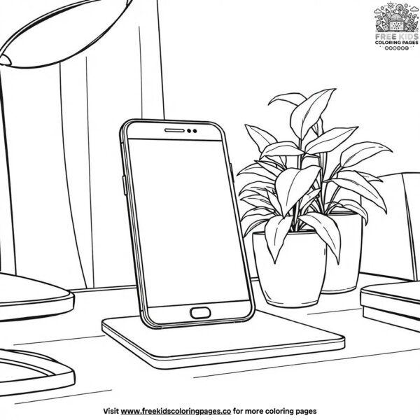 Smartphone on a desk with a plant coloring pages