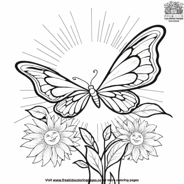 Sun with a butterfly coloring pages