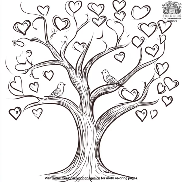 Sweetheart tree with love birds coloring pages