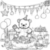 Teddy Bear and Birthday Cake Coloring Pages