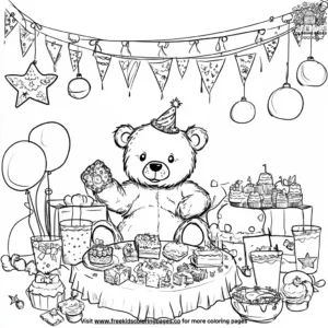 Teddy Bear and Birthday Cake Coloring Pages