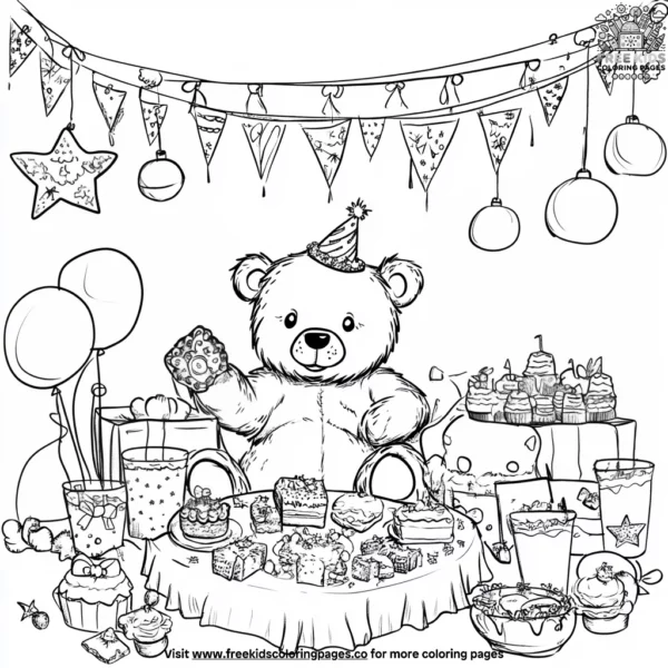 Teddy bear and birthday cake coloring pages