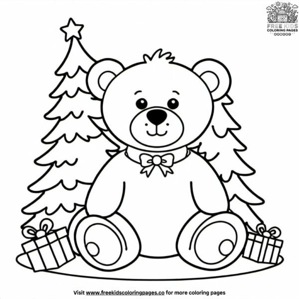 Teddy bear with christmas tree coloring pages