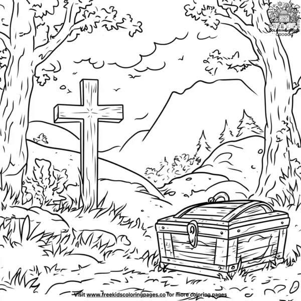 Treasure chest and cross coloring pages