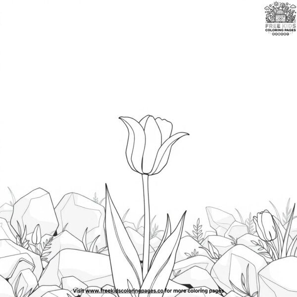 Tulip growing in a rock garden coloring pages