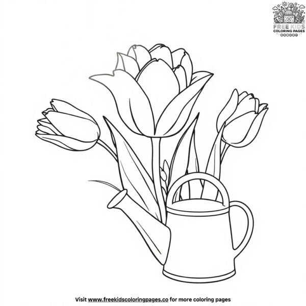 Tulip next to a watering can coloring pages