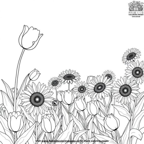 Tulip and sunflowers in the garden coloring pages