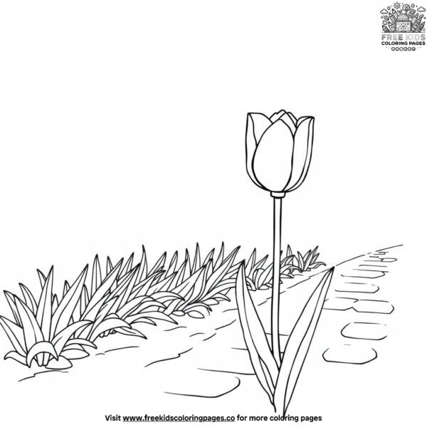 Tulip by a garden path coloring pages