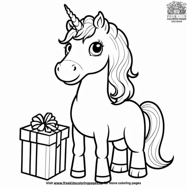 Unicorn and a gift box coloring pages