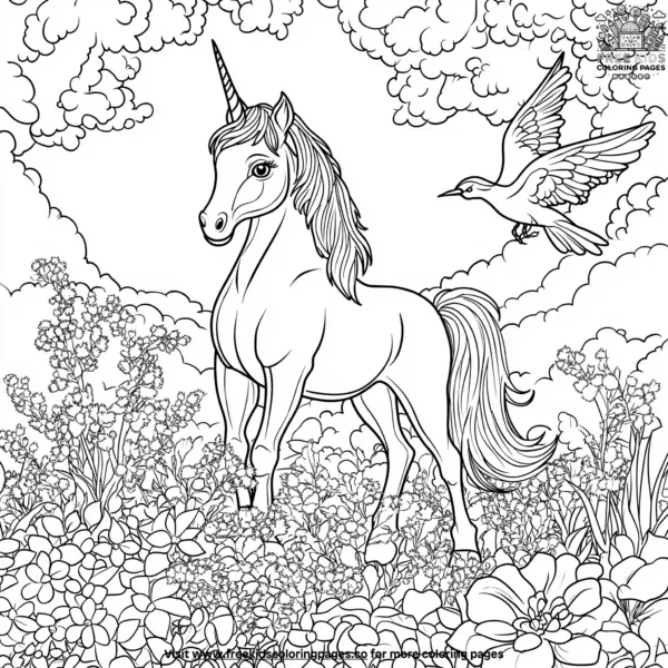 Unicorn and birds coloring pages