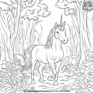 Unicorn in a forest coloring pages