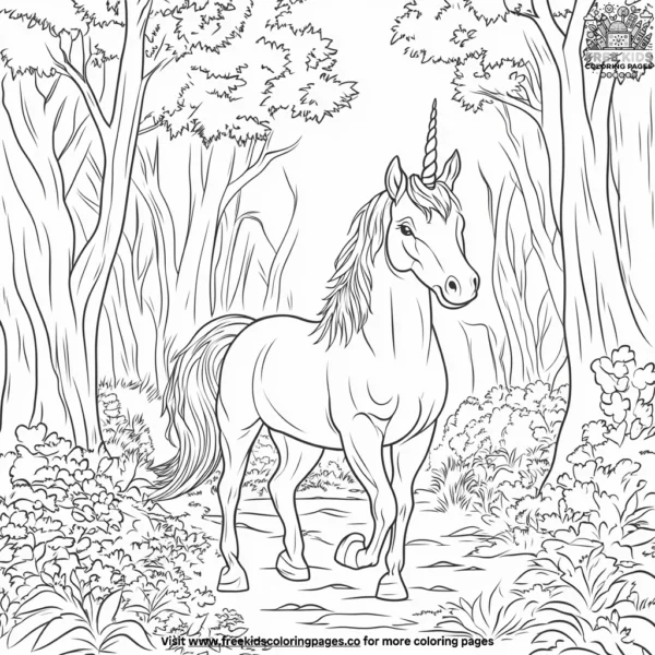 Unicorn in a forest coloring pages