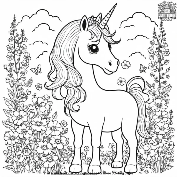 Unicorn in a garden coloring pages