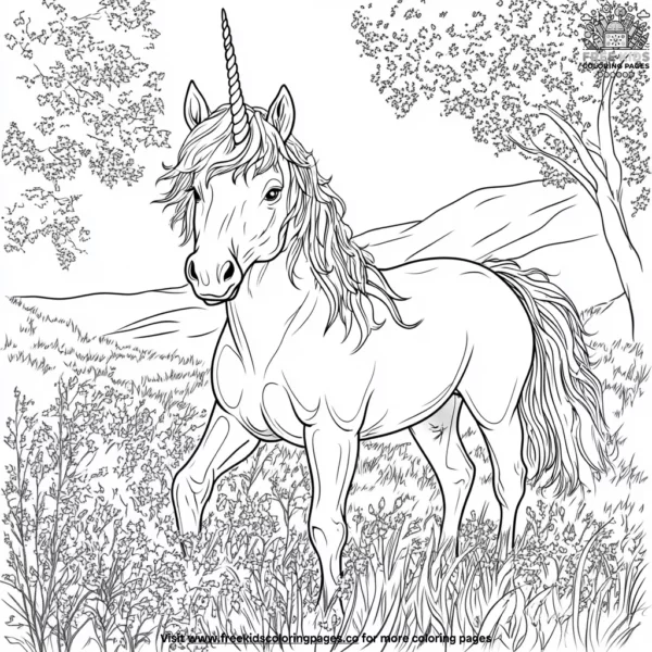 Unicorn in a meadow coloring pages