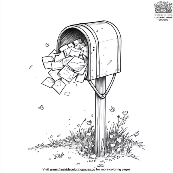 Valentine’s mailbox with love letters coloring pages